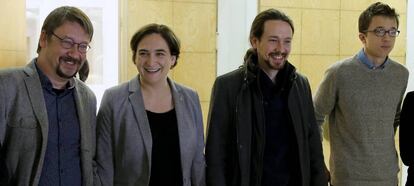 Xavier Domènech, Ada Colau, Pablo Iglesias i Ínigo Errejón, aquest dilluns.