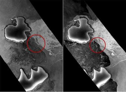 El puente que unía la placa Wilkins a tierra firme (izquierda), el 30 de marzo. Y la fractura del mismo vista ayer por el <i>Envisat</i>.