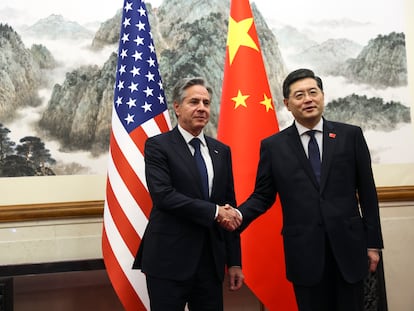 U.S. Secretary of State Antony Blinken, left, shakes hands with Chinese Foreign Minister Qin Gang, right, at the Diaoyutai State Guesthouse in Beijing, China, Sunday, June 18, 2023.