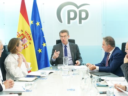 El líder del PP, Alberto Nuñez Feijóo, preside la reunión del comité de dirección del PP, junto a su equipo, en Madrid, a 27 de febrero de 2023.
DIEGO CRESPO (PP)
27/02/2023