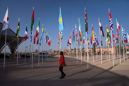 A participant walks past flags outside a convention center hosting the IMF and World Bank annual meetings