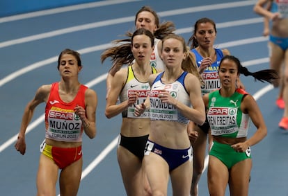 Britain's Katie Snowden leads a group of athletes during their heat of the women's 1500 meters event at the Poland European Indoor Athletics Championships in Torun, Poland, Friday, March 5, 2021. (AP Photo/Czarek Sokolowski)