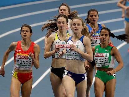Britain's Katie Snowden leads a group of athletes during their heat of the women's 1500 meters event at the Poland European Indoor Athletics Championships in Torun, Poland, Friday, March 5, 2021. (AP Photo/Czarek Sokolowski)