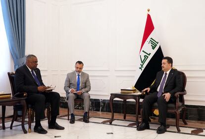 Iraqi Prime Minister Mohammed Shia al-Sudani meets with U.S. Defense Secretary Lloyd Austin in Baghdad, Iraq, March 7, 2023.