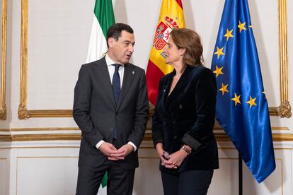 Teresa Ribera y Juan Manuel Moreno Bonilla, este jueves en el Palacio de san Telmo.