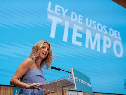 La vicepresidenta segunda del Gobierno y ministra de Trabajo y Economía Social, Yolanda Díaz, intervenía el viernes durante la clausura del acto de presentación del 'Estudio de Fundamentación para la Ley de Usos del Tiempo y Racionalización Horaria'.