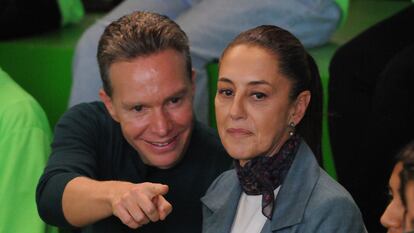 Manuel Velasco y Claudia Sheinbaum, durante un evento del Partido Verde, en Ciudad de México, el 12 de febrero de 2024.