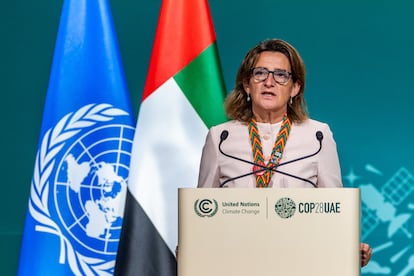 Teresa Ribera durante una comparecencia en la COP28 de Dubái. 