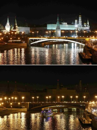 Vista del Kremlin en Moscú (Rusia), antes y después de la Hora del Planeta.
