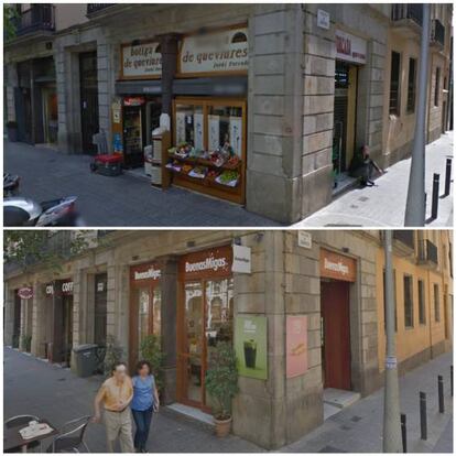 L'adrogueria Forcada, a l'esquerra, en una imatge de Google Maps del 2012. A la dreta, el 2018, també segons Google.