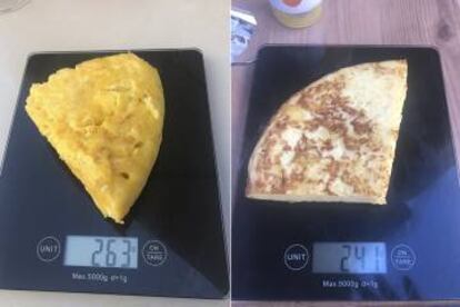 Desde la izquierda, pìncho de tortilla de 263 gramos que se vende por cuatro euros, pincho de tortilla de 241 gramos por cuatro euros.