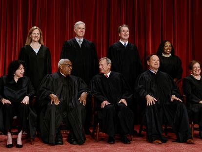 Family photo of the justices of the Supreme Court. Seated, from left to right, are Sonia Sotomayor, Clarence Thomas, John G. Roberts, Samuel A. Alito, and Elena Kagan. Standing: Amy Coney Barrett, Neil Gorsuch, Brett Kavanaugh and Ketanji Brown Jackson.