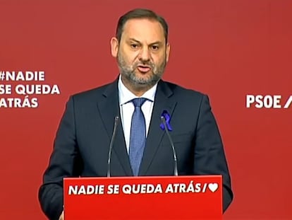 José Luis Ábalos, durante la rueda de prensa tras la reunión de la Comisión Permanente del PSOE, este lunes en la calle Ferraz de Madrid.