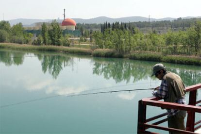 Un pescador ante la central de Zorita.