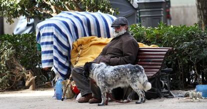 Pedro, junto a su perra Luna, es uno de los sin techo que viven en un jard&iacute;n de Guillem de Castro, en el centro de Valencia.