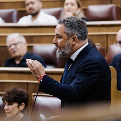 El presidente de VOX, Santiago Abascal, interviene durante un pleno en el Congreso de los Diputados, a 10 de septiembre de 2025, en Madrid (España). El Pleno del Congreso debate y vota las enmiendas de totalidad que PP, Vox y Junts han presentado para devolver al Gobierno el proyecto de reducción de la jornada laboral a 37,5 horas, formaciones que suman una mayoría absoluta más que suficiente para tumbar la norma.
10 SEPTIEMBRE 2025;CONGRESO;DIPUTADOS;JORNADA LABORAL;REDUCCIÓN
Carlos Luján / Europa Press
10/09/2025