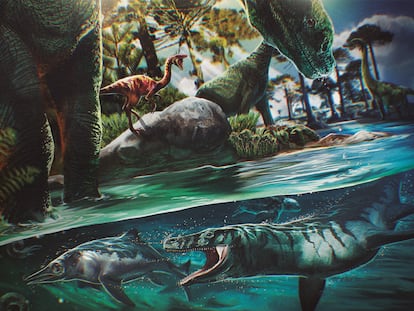 Imagen de Colombia durante el Cretácico Temprano. Aparecen el Muiscasaurus, Terópodo, Padillasaurus y Kronosaurus.