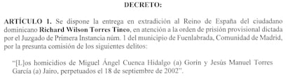 Decreto de extradición de Richard Wilson firmado por el presidente de su país.