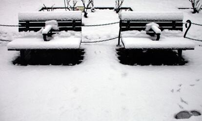 Dos bancos, cubiertos de nieve, en el área metropolitana de Tokio.