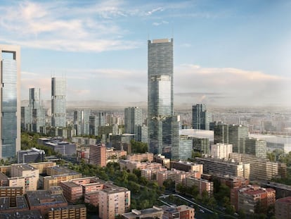 Recreación del proyecto Madrid Nuevo Norte con las cuatro torres (ya existentes) a la izquierda de la imagen y los futuros rascacielos en la parte derecha.