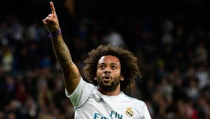 Marcelo celebra el tercer gol frente al Eibar