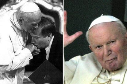 Izquierda, Karol Wojtyla recibe en Varsovia al presidente de Polonia Lech Walesa en 1991. A la derecha, el Papa saluda desde el hospital el día 6.