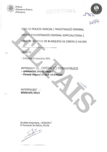 Documento confidencial de la Policía de Andorra sobre la cuenta del exvicepresidente de la compañía estatal Petróleos del Perú Miguel Atala Herrera.