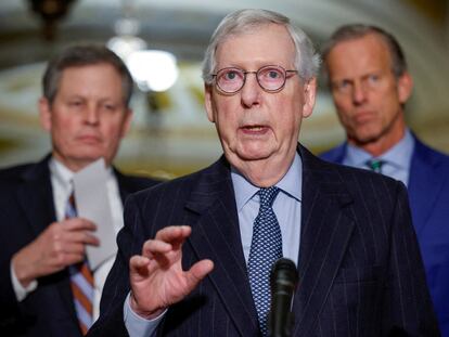 U.S. Senate Minority Leader Mitch McConnell (R-KY) speaks to the media after the weekly Senate Republican caucus luncheon with Republican leadership Senator Steve Daines (R-MT) and John Thune (R-SD), at the U.S. Capitol in Washington, U.S., February 14, 2023.