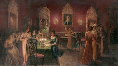 Damas patricias constituidas en sociedad patriótica en casa de Escalada, para iniciar una subscripción entre ellas destinada a la compra de fusiles, 30 de mayo de 1812. Autor: Gerompini, José