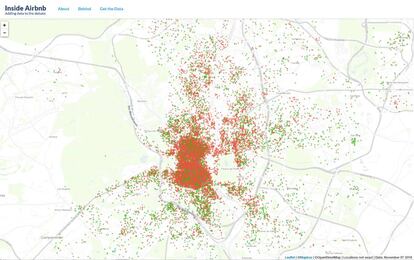 Distribución de los apartamentos ofertados en Airbnb en la ciudad de Madrid. Los puntos rojos representan apartamentos completos; los verdes, habitaciones. Clica <a href="http://insideairbnb.com/madrid/?neighbourhood=&filterEntireHomes=false&filterHighlyAvailable=false&filterRecentReviews=false&filterMultiListings=false">aquí</a><br/>para acceder al mapa navegable.