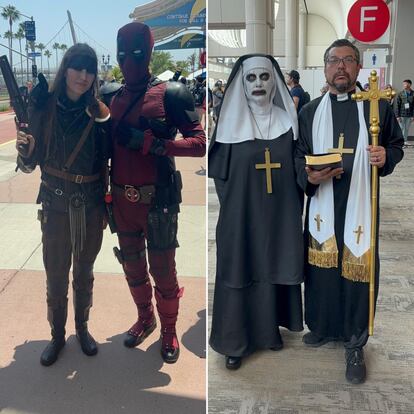 A la izquierda, Genevieve y su padre, Ben, vestidos de Furiosa en 'Mad Max' y de Deadpool. A la derecha, el matrimonio Kim y Francisco caracterizados de la película 'La monja', en la Comic-Con de San Diego, el 26 de julio de 2024.