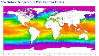 Mapa que muestra los niveles de temperatura de los océanos del planeta, en junio de 2024.