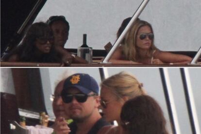 Dos momentos del paseo en barco por Cerdeña: arriba, Naomi Campbell y Bar Refaeli; abajo, Di Caprio y su novia.