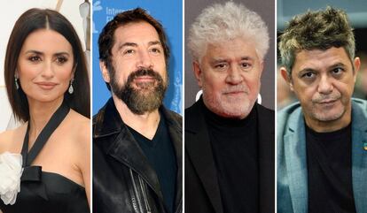 Penélope Cruz, Javier Bardem, Pedro Almodóvar y Alejandro Sanz.