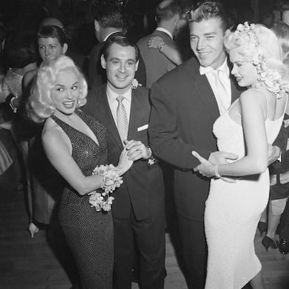 Two blonde legends and their husbands: Mamie Van Doren and Ray Anthony with Jayne Mansfield and Mickey Hartigay