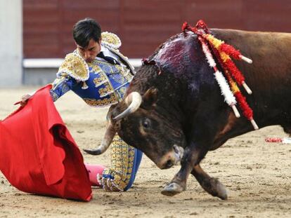 Noé Gómez del Pilar torea de rodillas al primer novillo de su lote, de Guadaira, durante la decimonovena corrida de la Feria de San Isidro de Madrid.