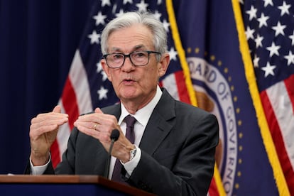 El presidente de la Reserva Federal, Jerome Powell, ayer en rueda de prensa.