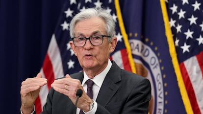 El presidente de la Reserva Federal, Jerome Powell, ayer en rueda de prensa.