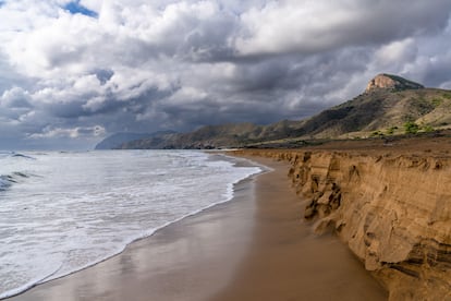 Playa Larga de Calblanque (Cartagena). No es que su nombre deje mucho a la imaginación, aunque para los que no conozcan estas costas de Calblanque, en Cartagena (Región de Murcia), es de rigor decir que se trata de uno de los ecosistemas más por­tentosos de todo el Mediterráneo. Tres kilómetros de arenas soleadas y conectadas con una cadena de playas forman un espacio natu­ral protegido y frágil en el que uno puede mostrar fácilmente su empatía con el entorno. A Calblanque conviene ir fuera de temporada: la originalidad de sus arenales solitarios resistiendo frente a la invasión del ladrillo en la zona ha hecho que en los últimos años el interés se desborde y se haga difícil acceder entre tantos coches que lo intentan. La Larga es la playa más popular de todas, con su arenal dorado en medio de un paisaje virgen sin construcciones a la vista. Pero también hay otras alternativas, como la cercana playa de Parreño, más alejada y salvaje (y también menos concurrida), o la cala Arturo, la playa más abierta de Calblanque, con acceso por pasarela de madera, frecuentada por surfistas y con unas vistas espectaculares.