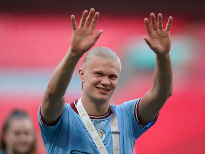Manchester City's Erling Haaland celebrates winning the English FA Cup final soccer match between Manchester City and Manchester United at Wembley Stadium in London, on June 3, 2023.