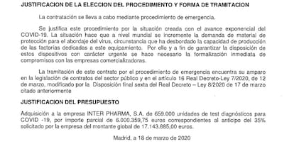 Fragmento del contrato del Ministerio de Sanidad con Interpharma para el suministro de kits de diagnóstico del coronavirus.