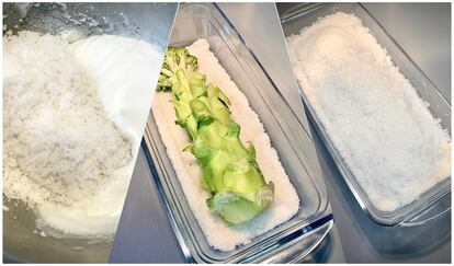 Montar dos claras al punto de nieve y añadir 1 kg de sal gruesa. Repartir una base de sal, colocar el tallo del brócoli y cubrir con el resto de sal. Hornear durante treinta y cinco minutos a 180 grados.