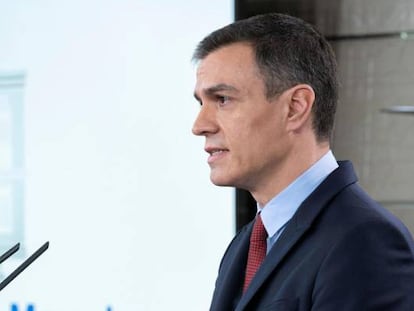 O primeiro-ministro espanhol, Pedro Sánchez, durante pronunciamento.