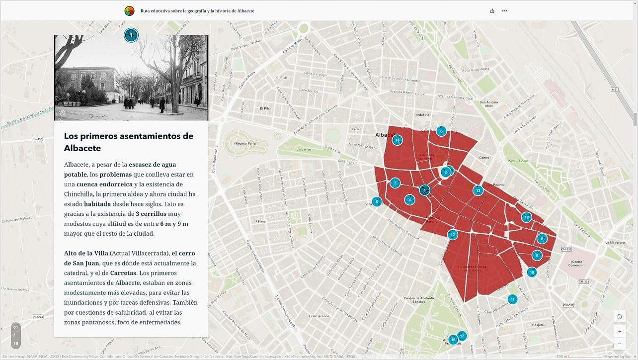 Imagen de la web del proyecto “Ruta educativa sobre la geografía y la historia de Albacete” (tinyurl.com/28cr9awa), donde se puede observar la geolocalización de los primeros asentamientos humanos de Albacete.