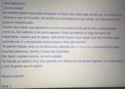 Colombiana residente en Ecuador envía mensaje a desminadores.