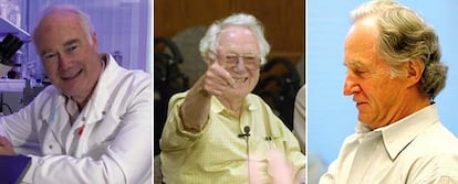 Los tres galardonados con el Premio Nobel de Medicina o Fisiología: Martin Evans, Oliver Smithies y Mario R. Capecchi (de izquierda a derecha). 
/ REUTERS