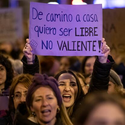 MADRID, SPAIN - 2024/03/09: A woman shouts slogans as she holds a placard that reads "In my way home, I want to be free, not brave" during a demonstration led by the 8M Commission on International Women's Day. From Atocha to Plaza de Colon, under the slogan 'Patriarchy, genocides, and privileges, it's over,' protesters unite to combat sexist violence and safeguard hard-won rights. (Photo by Miguel Candela/SOPA Images/LightRocket via Getty Images)