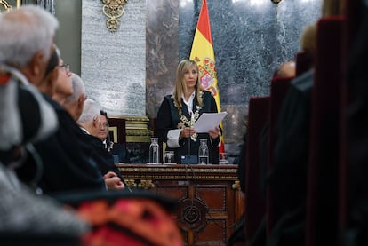 La presidenta del CGPJ Isabel Perelló, durante su intervención en el Tribunal Supremo este jueves.