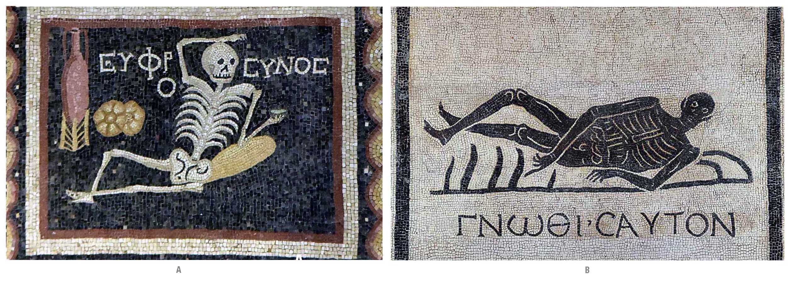 Mosaicos de los esqueletos con las inscripciones 'Euphrosynos' (Alegría) y 'Gnothi sauton' (Conócete a ti mismo). Antioquía (Turquía), siglo III.