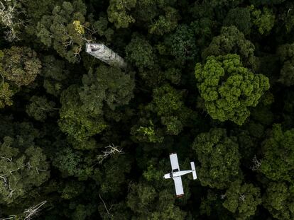 Una avioneta hacía un vuelo a baja altitud para recoger muestras de aire cerca de una torre de observación en el Bosque Nacional de Tapajós, en el Estado de Pará, Brasil, el 6 de mayo de 2023.